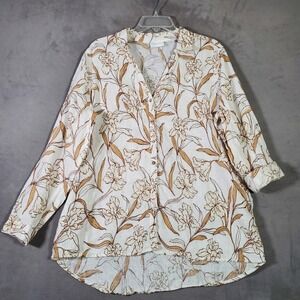 Cynthia Rowley Tunic Top Womens XL Linen Floral Button Roll Tab Boho Chic Resort